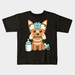 Cute baby yorkshire terrier getting its milk and pacifier Kids T-Shirt